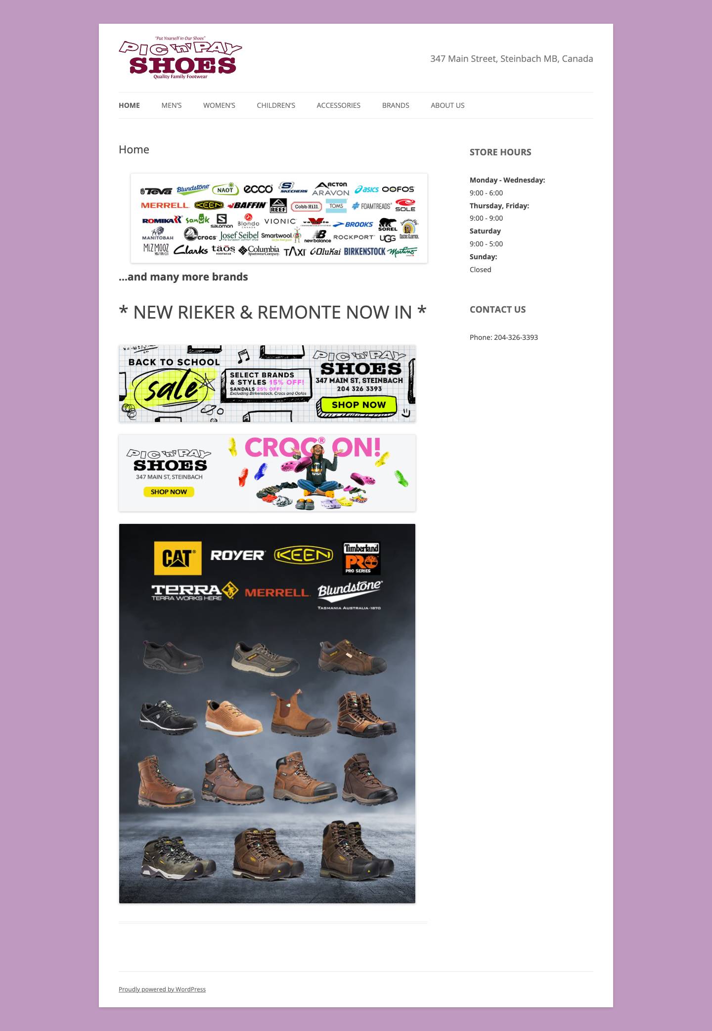 The current picnpayshoes.net homepage: a WordPress theme on a purple background with banner ads